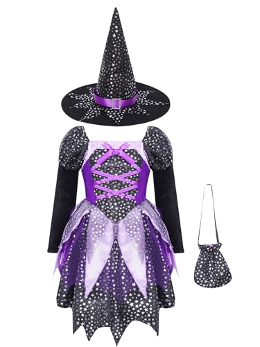 Eandarui Halloween Hexen Kostüm Kinder Mädchen Kleid Langarm Mittelalterkleid Mit Hexenhut Bonbontüte Zauberstab Komplett Set Für Fasching Mottoparty Violett Set 110-116 von Eandarui