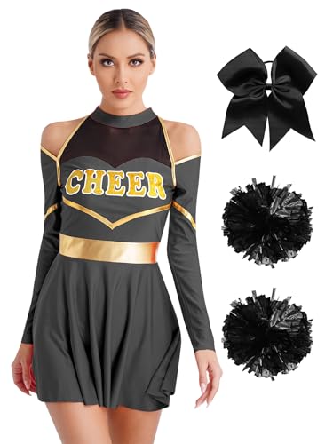 Eandarui Halloween Karneval Cheer Leader Kostüm Damen Langarm Kleid Mit Haarband Pompons 3tlg Tanzkleidung Set Für Mottoparty Schwarz L von Eandarui