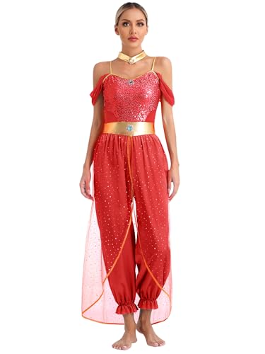 Eandarui Halloween Karneval Damen Jasmin Prinzessin Kostüm Rüschen Overall Ärmellos Jumpsuit Mit Tüllschicht Ganzkörperanzug Dancewear Rot 3XL von Eandarui