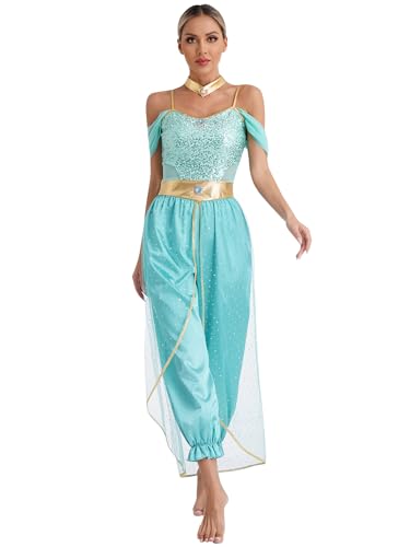 Eandarui Halloween Karneval Damen Jasmin Prinzessin Kostüm Rüschen Overall Ärmellos Jumpsuit Mit Tüllschicht Ganzkörperanzug Dancewear Türkis 3XL von Eandarui