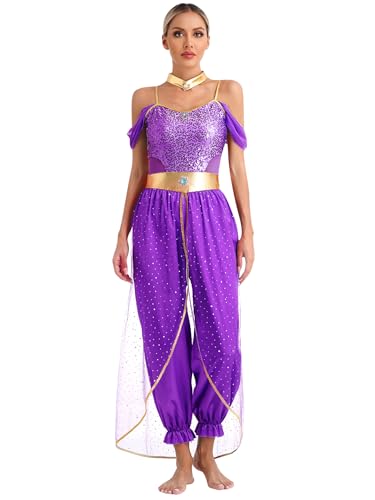 Eandarui Halloween Karneval Damen Jasmin Prinzessin Kostüm Rüschen Overall Ärmellos Jumpsuit Mit Tüllschicht Ganzkörperanzug Dancewear Violett 3XL von Eandarui