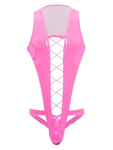 Eandarui Herren Lack Leder Bodysuit Ärmellos Overall Kurz Jumpsuit Cut Out Crossover Unterhemd Jockstrap Party Clubwear Hot Pink L von Eandarui