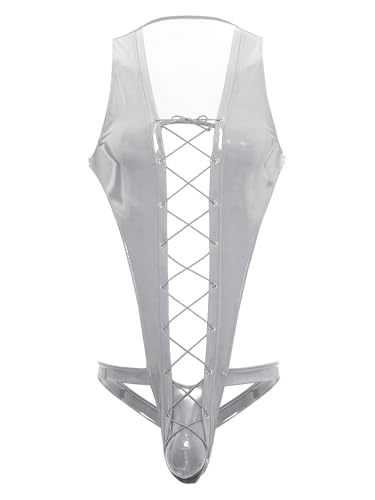 Eandarui Herren Lack Leder Bodysuit Ärmellos Overall Kurz Jumpsuit Cut Out Crossover Unterhemd Jockstrap Party Clubwear Silber L von Eandarui