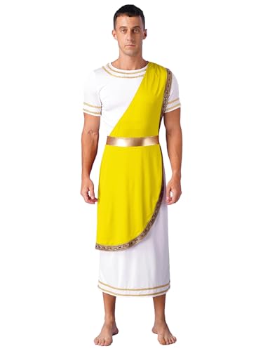 Eandarui Herren Römische Toga Griechischer Gott Kostüm Kurzarm Toga Kleid Tunika Kleid Römer Cäsar Kostüm Für Fasching Karneval Mottoparty Gelb 3XL von Eandarui