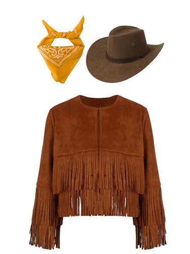 Eandarui Hippie Kostüm Kinder Mädchen Jungen Langarm Fransenjacke Mit Cowboyhut Bandana Kopftuch Halstuch Cowboy Cowgirl Boho Outfit Braun&Gelb 158-164 von Eandarui