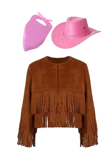 Eandarui Hippie Kostüm Kinder Mädchen Jungen Langarm Fransenjacke Mit Cowboyhut Bandana Kopftuch Halstuch Cowboy Cowgirl Boho Outfit Braun und Rosa 158-164 von Eandarui