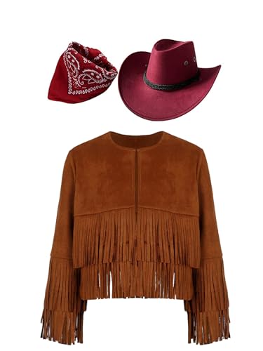 Eandarui Hippie Kostüm Kinder Mädchen Jungen Langarm Fransenjacke Mit Cowboyhut Bandana Kopftuch Halstuch Cowboy Cowgirl Boho Outfit Braun&Rot 134-140 von Eandarui