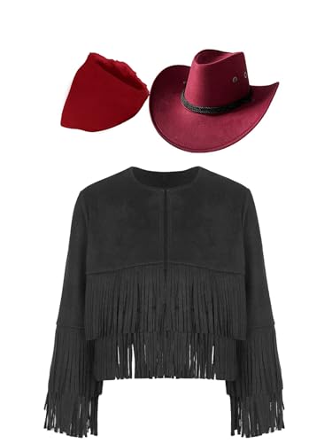 Eandarui Hippie Kostüm Kinder Mädchen Jungen Langarm Fransenjacke Mit Cowboyhut Bandana Kopftuch Halstuch Cowboy Cowgirl Boho Outfit Schwarz Rot 170 von Eandarui