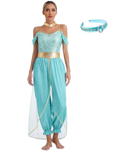 Eandarui Karneval Kostüm Damen Aladin Jasmin Outfit Pailletten Overall Tüll Schicht Jumpsuit Ganzkörper Tanzanzug Mit Stirnband Faschingkostüm Türkis 3XL von Eandarui