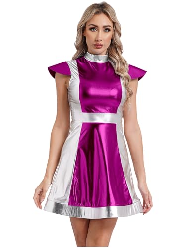 Eandarui Karneval Kostüm Damen Space Girl Travel Outfit Metallic Glitzer Alien Kleid Holographic Minikleid Festival Disco Silvester Outfit Hot Pink XL von Eandarui