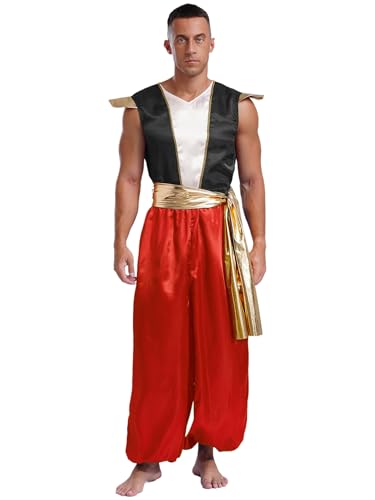 Eandarui Karneval Kostüm Herren Aladin Outfit Ärmellos Satin Strampler Mit Golden Gürtel Orientalische Sultan Kostüm Cosplay Verkleidung Burgundy M von Eandarui