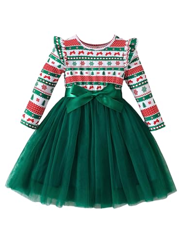 Eandarui Kinder Baby Mädchen Weihnachten Kostüm Langarm Rüschen Partykleid Rüschen Abendkleid Tutu Ballkleid Mit Cartoon Muster Prinzessin Kostüm Grüner Baum 92-98 von Eandarui