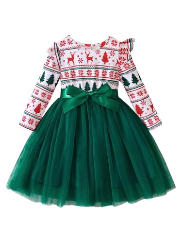 Eandarui Kinder Baby Mädchen Weihnachten Kostüm Langarm Rüschen Partykleid Rüschen Abendkleid Tutu Ballkleid Mit Cartoon Muster Prinzessin Kostüm Grüner Hirsch 98-104 von Eandarui