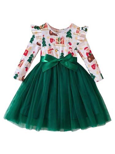 Eandarui Kinder Baby Mädchen Weihnachten Kostüm Langarm Rüschen Partykleid Rüschen Abendkleid Tutu Ballkleid Mit Cartoon Muster Prinzessin Kostüm Grüner Schneemann 110-116 von Eandarui