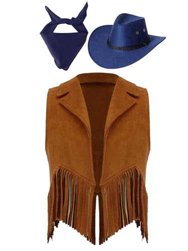 Eandarui Kinder Cowboy Kostüm Jungen Mädchen Western Outfit Wildleder Weste Ärmellos Fransenjacke Mit Hut Halstuch Für Fasching Karneval Braun und Blau 110-116 von Eandarui