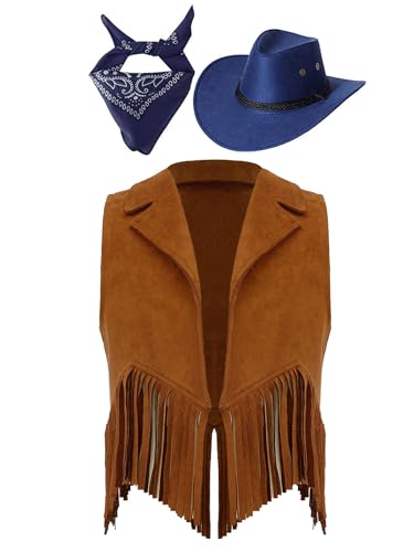 Eandarui Kinder Cowboy Kostüm Jungen Mädchen Western Outfit Wildleder Weste Ärmellos Fransenjacke Mit Hut Halstuch Für Fasching Karneval Braun und Blau 110-116 von Eandarui