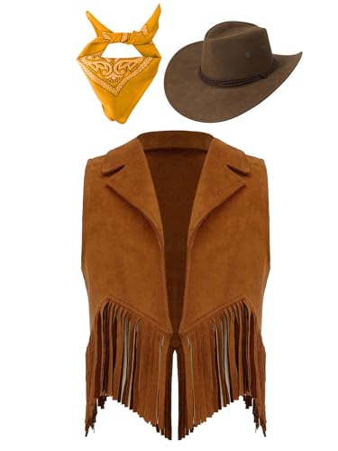 Eandarui Kinder Cowboy Kostüm Jungen Mädchen Western Outfit Wildleder Weste Ärmellos Fransenjacke Mit Hut Halstuch Für Fasching Karneval Braun&Gelb 110-116 von Eandarui