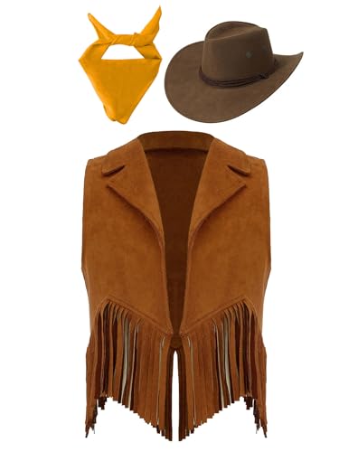 Eandarui Kinder Cowboy Kostüm Jungen Mädchen Western Outfit Wildleder Weste Ärmellos Fransenjacke Mit Hut Halstuch Für Fasching Karneval Braun&Gelb 122-128 von Eandarui