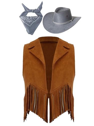 Eandarui Kinder Cowboy Kostüm Jungen Mädchen Western Outfit Wildleder Weste Ärmellos Fransenjacke Mit Hut Halstuch Für Fasching Karneval Braun&Grau 110-116 von Eandarui