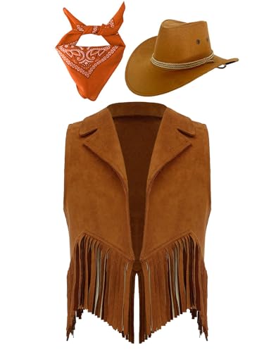 Eandarui Kinder Cowboy Kostüm Jungen Mädchen Western Outfit Wildleder Weste Ärmellos Fransenjacke Mit Hut Halstuch Für Fasching Karneval Braun und Orange 110-116 von Eandarui