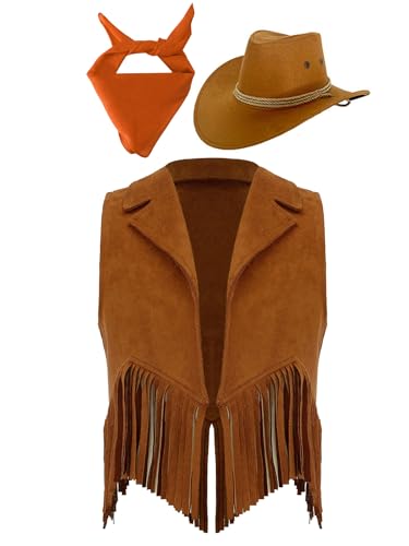 Eandarui Kinder Cowboy Kostüm Jungen Mädchen Western Outfit Wildleder Weste Ärmellos Fransenjacke Mit Hut Halstuch Für Fasching Karneval Braun und Orange 134-140 von Eandarui