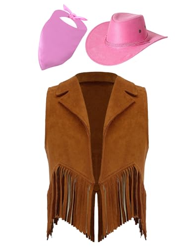 Eandarui Kinder Cowboy Kostüm Jungen Mädchen Western Outfit Wildleder Weste Ärmellos Fransenjacke Mit Hut Halstuch Für Fasching Karneval Braun und Rosa 110-116 von Eandarui