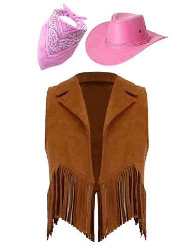 Eandarui Kinder Cowboy Kostüm Jungen Mädchen Western Outfit Wildleder Weste Ärmellos Fransenjacke Mit Hut Halstuch Für Fasching Karneval Braun und Rosa 110-116 von Eandarui