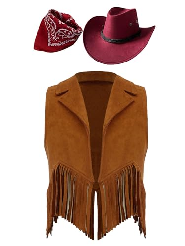 Eandarui Kinder Cowboy Kostüm Jungen Mädchen Western Outfit Wildleder Weste Ärmellos Fransenjacke Mit Hut Halstuch Für Fasching Karneval Braun&Rot 110-116 von Eandarui