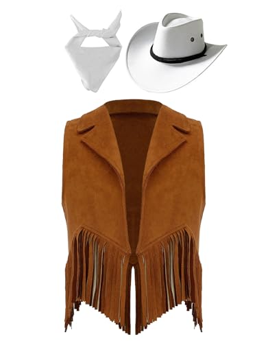 Eandarui Kinder Cowboy Kostüm Jungen Mädchen Western Outfit Wildleder Weste Ärmellos Fransenjacke Mit Hut Halstuch Für Fasching Karneval Braun weiß 110-116 von Eandarui