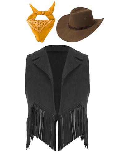 Eandarui Kinder Cowboy Kostüm Jungen Mädchen Western Outfit Wildleder Weste Ärmellos Fransenjacke Mit Hut Halstuch Für Fasching Karneval Schwarz Gelb 110-116 von Eandarui