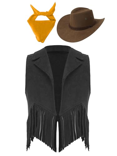 Eandarui Kinder Cowboy Kostüm Jungen Mädchen Western Outfit Wildleder Weste Ärmellos Fransenjacke Mit Hut Halstuch Für Fasching Karneval Schwarz Gelb 122-128 von Eandarui