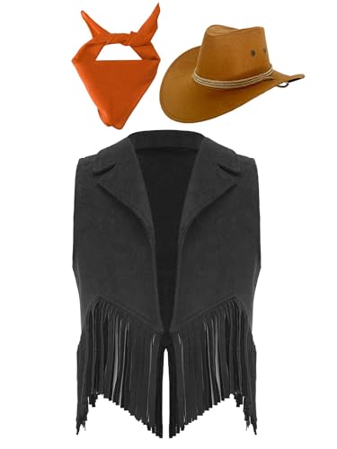 Eandarui Kinder Cowboy Kostüm Jungen Mädchen Western Outfit Wildleder Weste Ärmellos Fransenjacke Mit Hut Halstuch Für Fasching Karneval Schwarz & Orange 110-116 von Eandarui