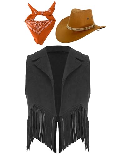 Eandarui Kinder Cowboy Kostüm Jungen Mädchen Western Outfit Wildleder Weste Ärmellos Fransenjacke Mit Hut Halstuch Für Fasching Karneval Schwarz & Orange 110-116 von Eandarui