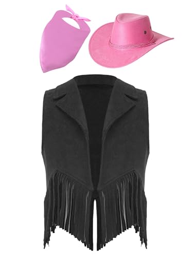 Eandarui Kinder Cowboy Kostüm Jungen Mädchen Western Outfit Wildleder Weste Ärmellos Fransenjacke Mit Hut Halstuch Für Fasching Karneval Schwarz & Rosa 110-116 von Eandarui