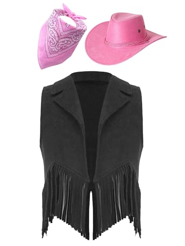 Eandarui Kinder Cowboy Kostüm Jungen Mädchen Western Outfit Wildleder Weste Ärmellos Fransenjacke Mit Hut Halstuch Für Fasching Karneval Schwarz & Rosa 122-128 von Eandarui