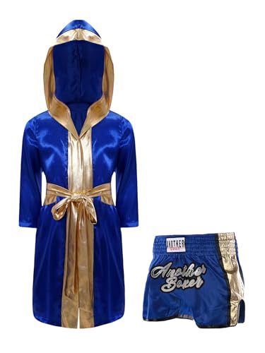 Eandarui Kinder Junge Boxer Kostüm Langarm Satin Kapuzenumhang Mit Gürtel Muay Thai Shorts Kickboxing Set Für 5-16 Jahre Königsblau 122-128 von Eandarui