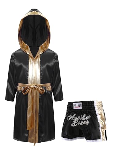 Eandarui Kinder Junge Boxer Kostüm Langarm Satin Kapuzenumhang Mit Gürtel Muay Thai Shorts Kickboxing Set Für 5-16 Jahre Schwarzes Gold 122-128 von Eandarui