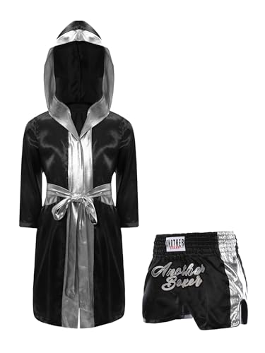 Eandarui Kinder Junge Boxer Kostüm Langarm Satin Kapuzenumhang Mit Gürtel Muay Thai Shorts Kickboxing Set Für 5-16 Jahre Schwarzes Silber 134-140 von Eandarui