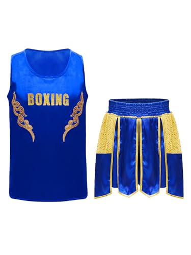 Eandarui Kinder Junge MMA Anzug Satin Kickboxer Oberteil Ärmellos Tank Top Mit Muay Thai Shorts Trainingshose BJJ Kampsport Trainingsanzug Blau 110-116 von Eandarui