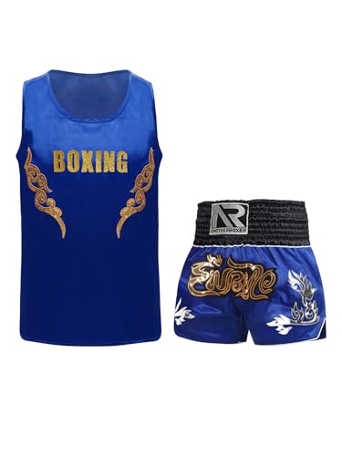 Eandarui Kinder Junge MMA Anzug Satin Kickboxer Oberteil Ärmellos Tank Top Mit Muay Thai Shorts Trainingshose BJJ Kampsport Trainingsanzug Blau A 134-140 von Eandarui