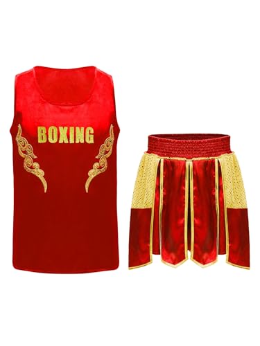 Eandarui Kinder Junge MMA Anzug Satin Kickboxer Oberteil Ärmellos Tank Top Mit Muay Thai Shorts Trainingshose BJJ Kampsport Trainingsanzug Rot 110-116 von Eandarui