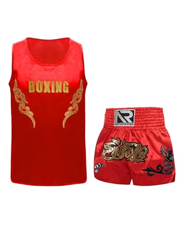 Eandarui Kinder Junge MMA Anzug Satin Kickboxer Oberteil Ärmellos Tank Top Mit Muay Thai Shorts Trainingshose BJJ Kampsport Trainingsanzug Rot A 122-128 von Eandarui