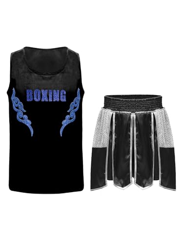 Eandarui Kinder Junge MMA Anzug Satin Kickboxer Oberteil Ärmellos Tank Top Mit Muay Thai Shorts Trainingshose BJJ Kampsport Trainingsanzug Schwarz 170 von Eandarui