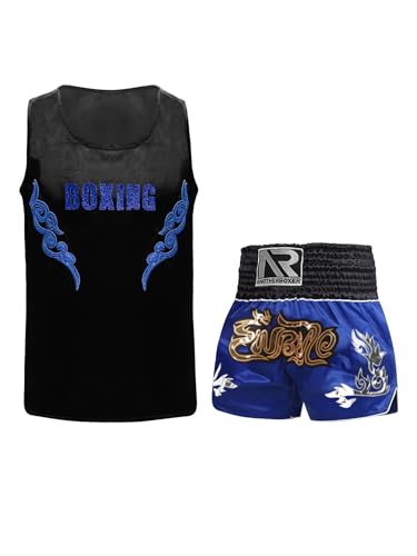 Eandarui Kinder Junge MMA Anzug Satin Kickboxer Oberteil Ärmellos Tank Top Mit Muay Thai Shorts Trainingshose BJJ Kampsport Trainingsanzug Schwarz Blau A 110-116 von Eandarui