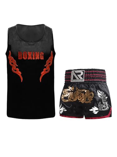 Eandarui Kinder Junge MMA Anzug Satin Kickboxer Oberteil Ärmellos Tank Top Mit Muay Thai Shorts Trainingshose BJJ Kampsport Trainingsanzug Schwarz Rot A 122-128 von Eandarui