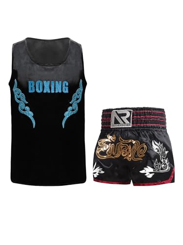 Eandarui Kinder Junge MMA Anzug Satin Kickboxer Oberteil Ärmellos Tank Top Mit Muay Thai Shorts Trainingshose BJJ Kampsport Trainingsanzug Schwarz & Hellblau A 158-164 von Eandarui