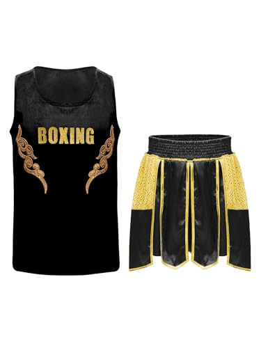 Eandarui Kinder Junge MMA Anzug Satin Kickboxer Oberteil Ärmellos Tank Top Mit Muay Thai Shorts Trainingshose BJJ Kampsport Trainingsanzug Schwarzes Gold 170 von Eandarui