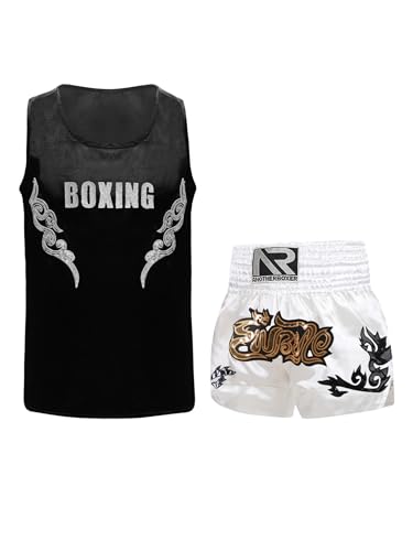 Eandarui Kinder Junge MMA Anzug Satin Kickboxer Oberteil Ärmellos Tank Top Mit Muay Thai Shorts Trainingshose BJJ Kampsport Trainingsanzug Schwarzes Silber A 110-116 von Eandarui