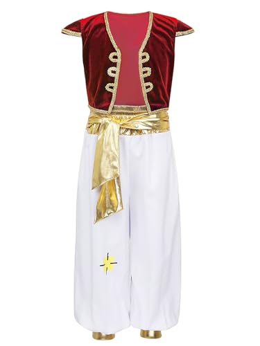 Eandarui Kinder Jungen Aladin Arabischer Prinz Kostüm Ärmellos Samt Weste Lang Haremshose Aladinhose Mit Golden Gürtel Orient Outfit Rot 122-128 von Eandarui