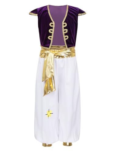 Eandarui Kinder Jungen Aladin Arabischer Prinz Kostüm Ärmellos Samt Weste Lang Haremshose Aladinhose Mit Golden Gürtel Orient Outfit Violett 122-128 von Eandarui